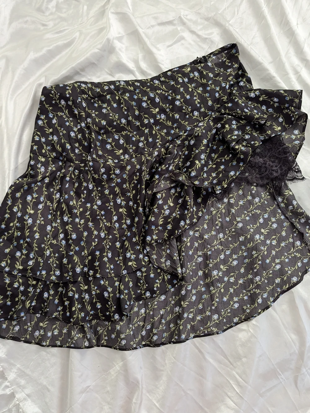 Kimchi Blue Black Mini Skirt with Blue Floral Print